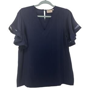 RUNGOLEE Size XS SILK Top‎ Navy Blue Short Flutter Mesh Sleeve Basic V-Neck
